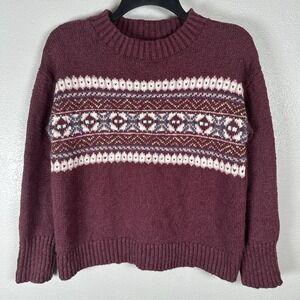 LL Bean Cotton Ragg Sweater Crewneck Fair Isle Womens Size Medium Petite MP Plum